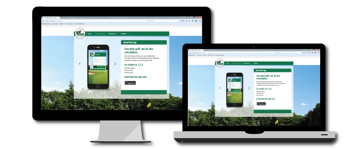 Golf Score app website, geschikt voor meerdere schermresoluties