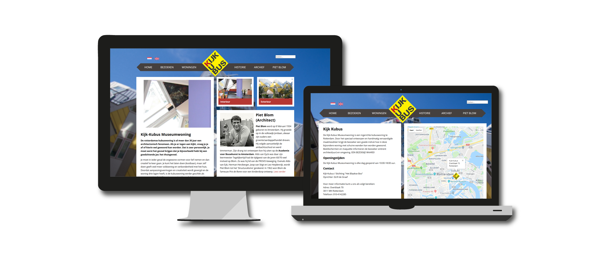 Responsive website met contactinfo, achtergronden en beeldarchief van de Kijk-Kubus Museumwoning